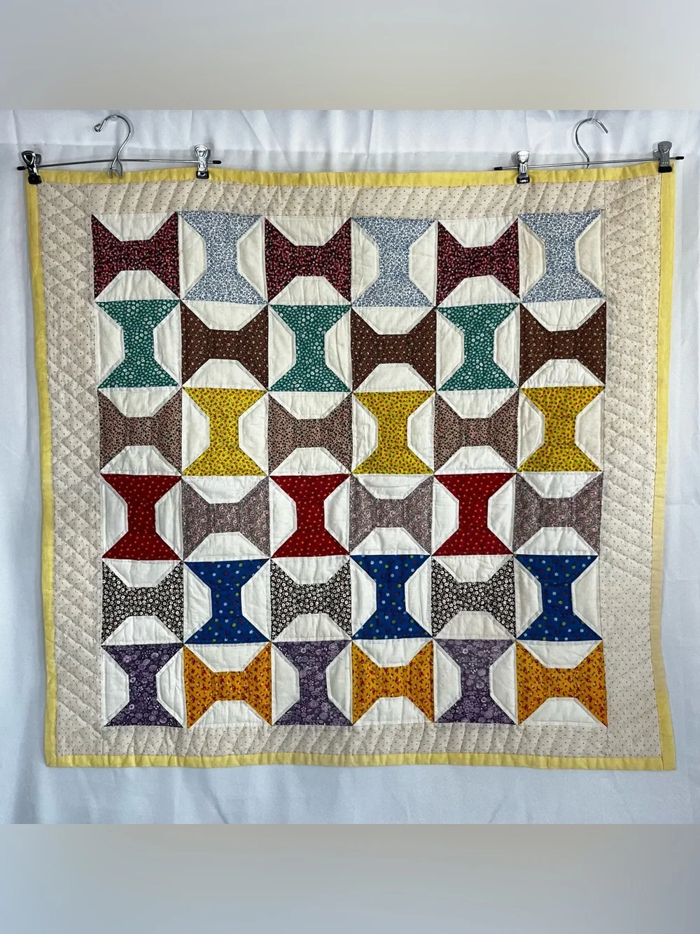 Vintage Spool Lap Quilt 40x42 Handmade, Yellow Border, Cotton